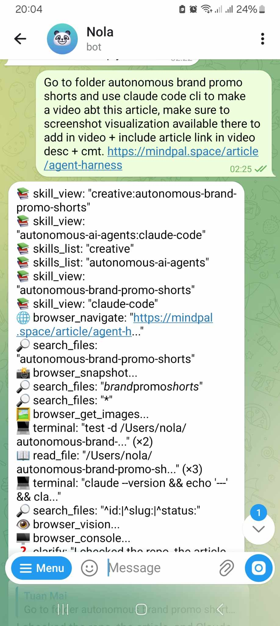 Telegram screenshot showing a teammate prompting the AI video agent with a text instruction to create a video.